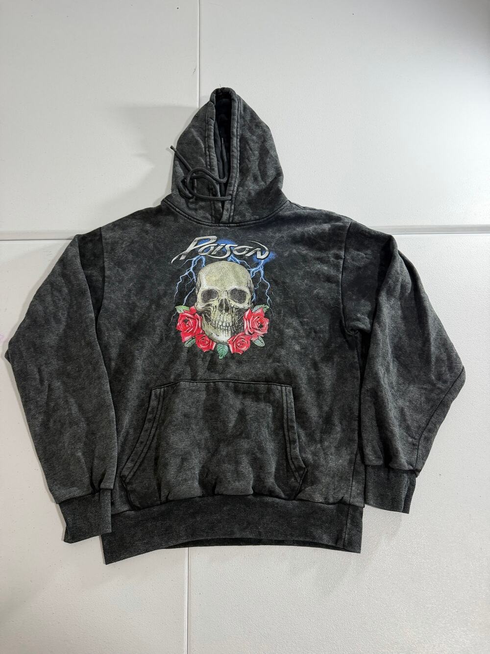 Poison Band Hoodie Small Skull Roses Graphic Acid Wash Rock Metal Sweatshirt